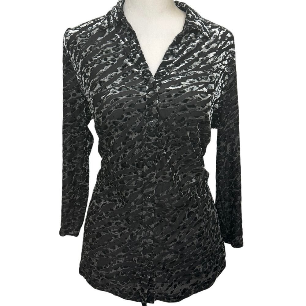 Canda C&A Y2K Black Velvet Burnout Sequin Animal Print Glam Dark Romantic Top M